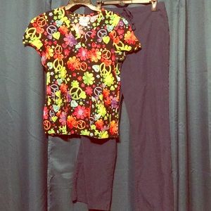 Hippy Love Colorful Scrub Uniform Set Navy Pants